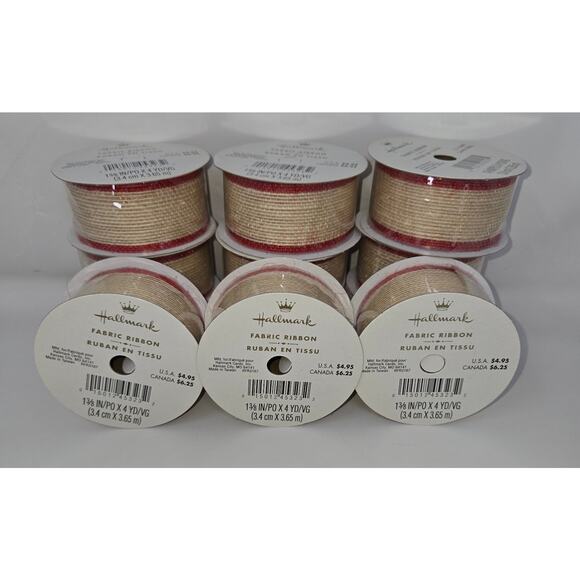 Hallmark Fabric Ribbon Beige Red 12 Rolls 1-3/8" x 4 Yards Each Sealed Bows - Picture 2 of 16